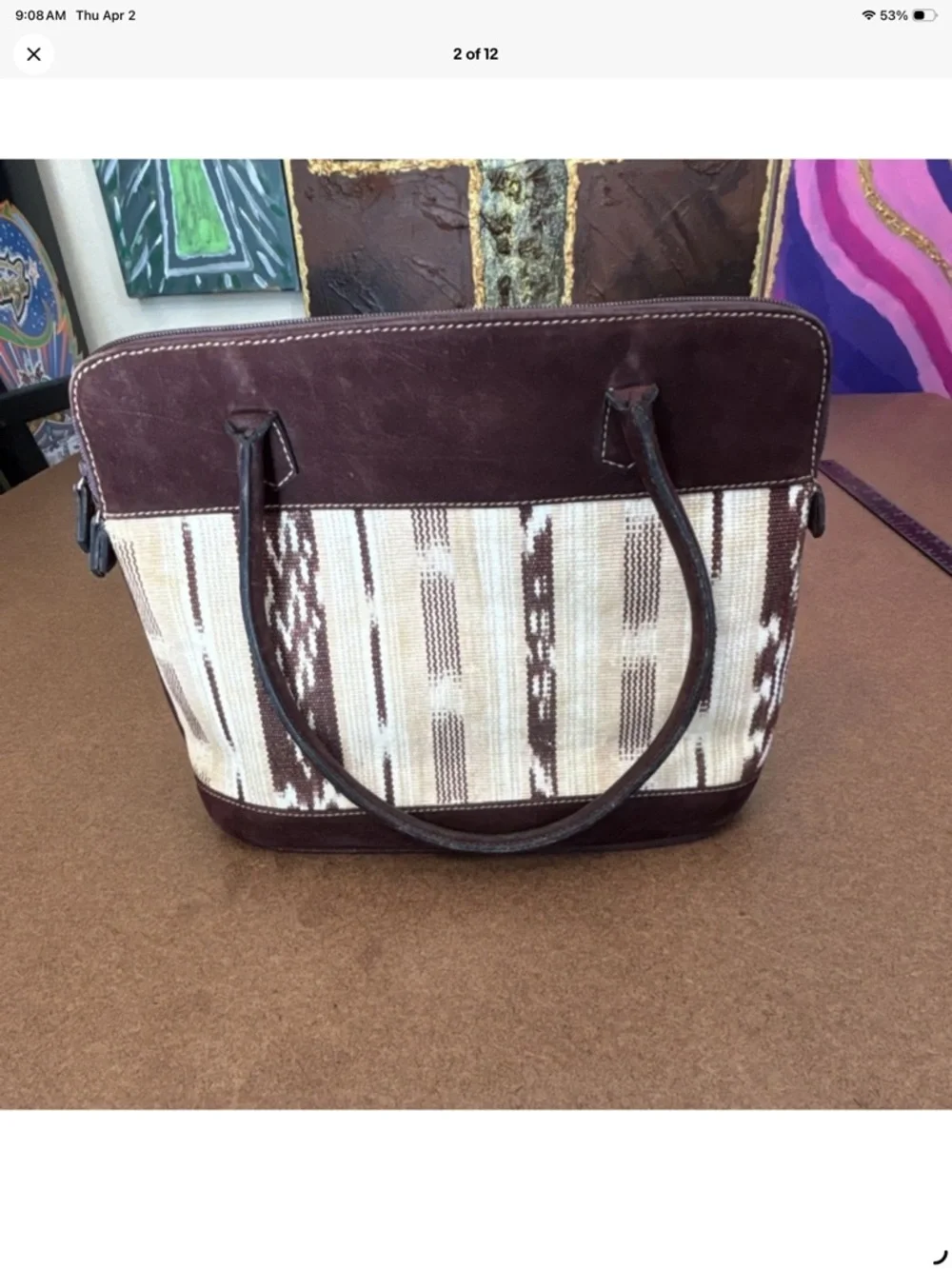 Western-Inspired handmade Brown & Cream handbag with Leather Trim